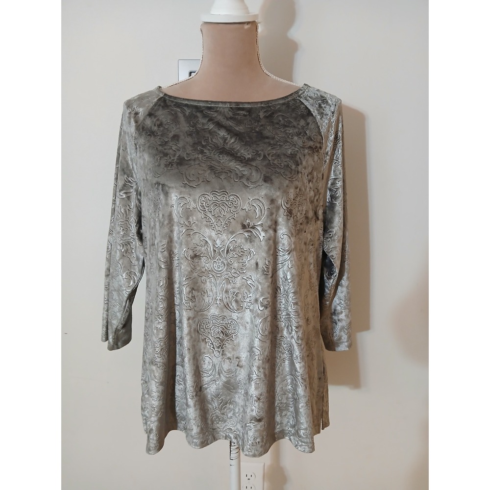 Chicos Velvet Damask Embossed Tunic Top Grey Green 3/4 Sleeve Sz 2 Large Modest